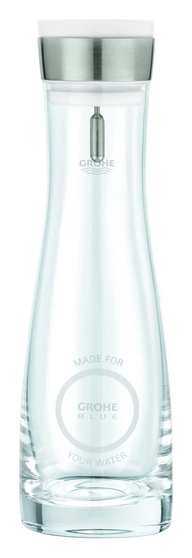 GROHE Blue Crystal Glass Carafe with Lid Set (Stainless Steel Lid with Tilt Lock, BPA-Free Water Jug 1l, Plastic Lid for Closing, Dish Washer Safe, with Integrated Sieve to Hold Back), 40405001