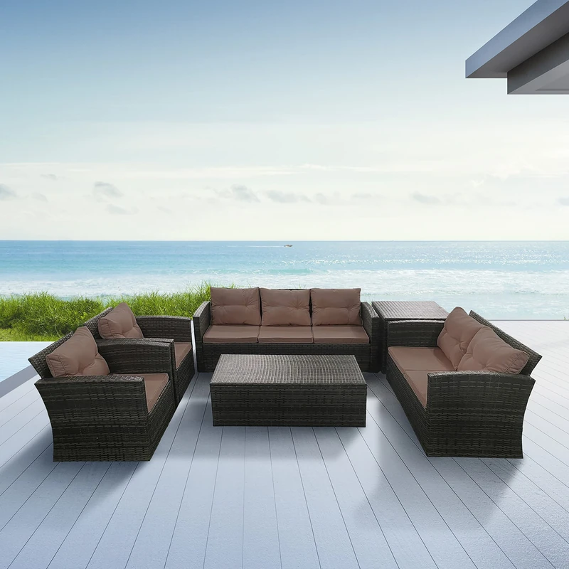 7 Seater Wicker Set of Brown Rattan with 3 Seater Sofa, 2 Seater Sofa, Table, 2 Chairs, Storage Box Garden Furniture Indoor Outdoor Patio Conservatory