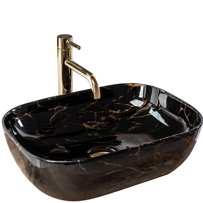 Rea Bathroom Sink Made of Ceramic Belinda Black Marble Matt - Black/Gold - REA-U8907