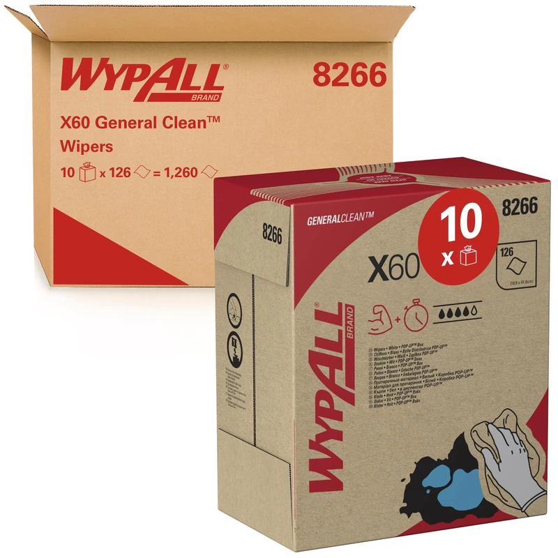 WypAll X60 General Clean Cloths 8266 - Cleaning Cloths - 10 POP-UP Boxes x 126 White Wiping Cloths (1,260 total)