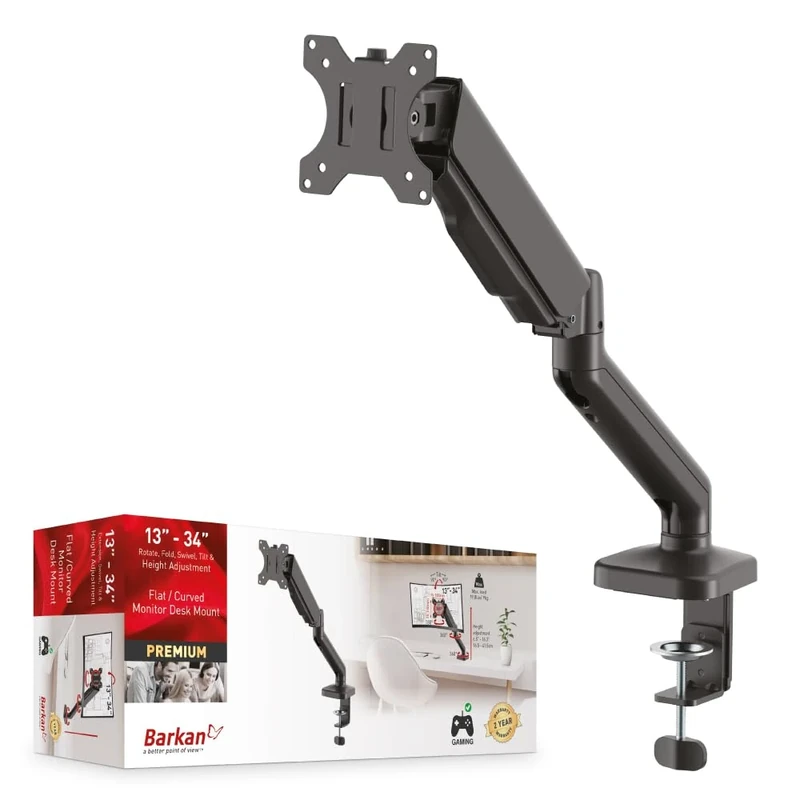 Barkan Gas Spring Monitor Desk Mount for Flat/Curved Screens Sizes 13-29 inch, Full Motion - 5 Movements, Ergonomic, 360 Degree Rotation, Touch & Tilt, Holds up to 6kg