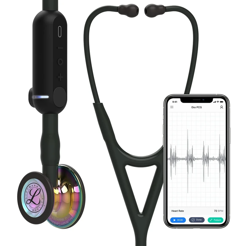 3M Littmann CORE Digital Stethoscope, High Polish Rainbow Chestpiece, Black Tube, Stem and Headset, 69 cm, 8572