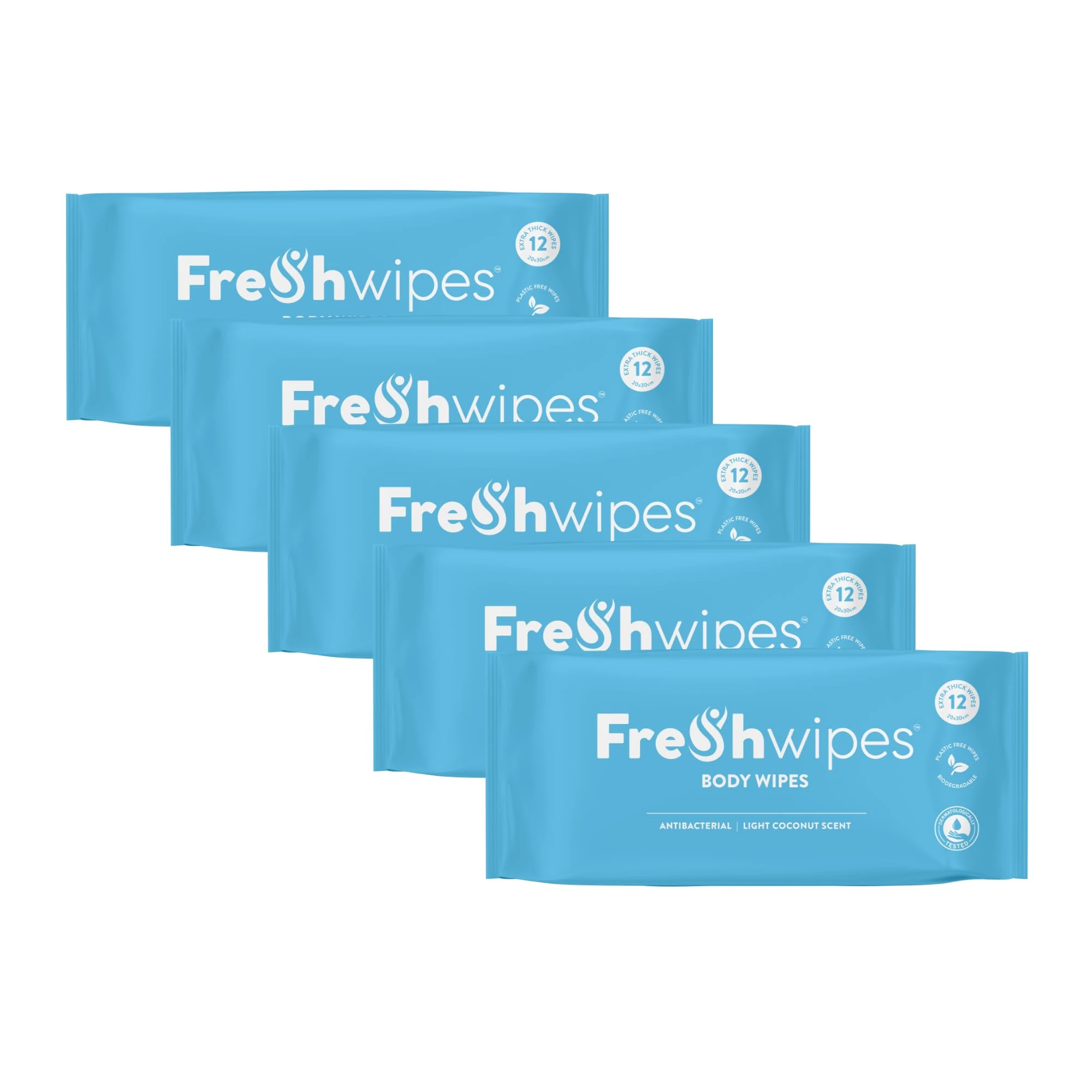 FreshWipes Antibacterial Body Wet Wipes For Adults 5 Pack (60 Wipes) - Coconut Scent - Extra Large Biodegradable - Dermatologically Tested & Suitable for the Elderly or Disabled - Great for Camping