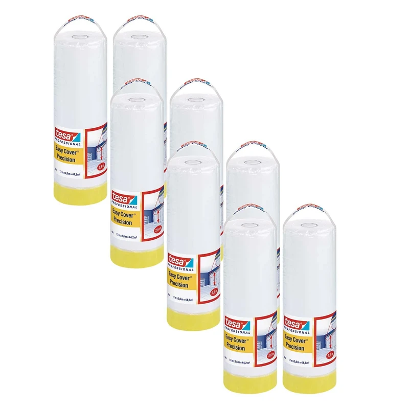 tesa Easy Cover 4365 Precision - Pack of 8 - Painter's Film with Painter's Tape for Masking and Covering during Painting - 2-in-1 Masking Tape with Film - Transparent - Each 17 m x 2.6 m