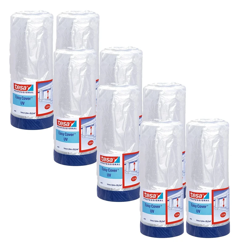 tesa Easy Cover 4369 UV - Pack of 8 - Painter's Film with Fabric Tape for Masking and Covering Outdoor Use - 2-in-1 Masking Tape with Film - Blue/Matte - 14 m x 1.8 m