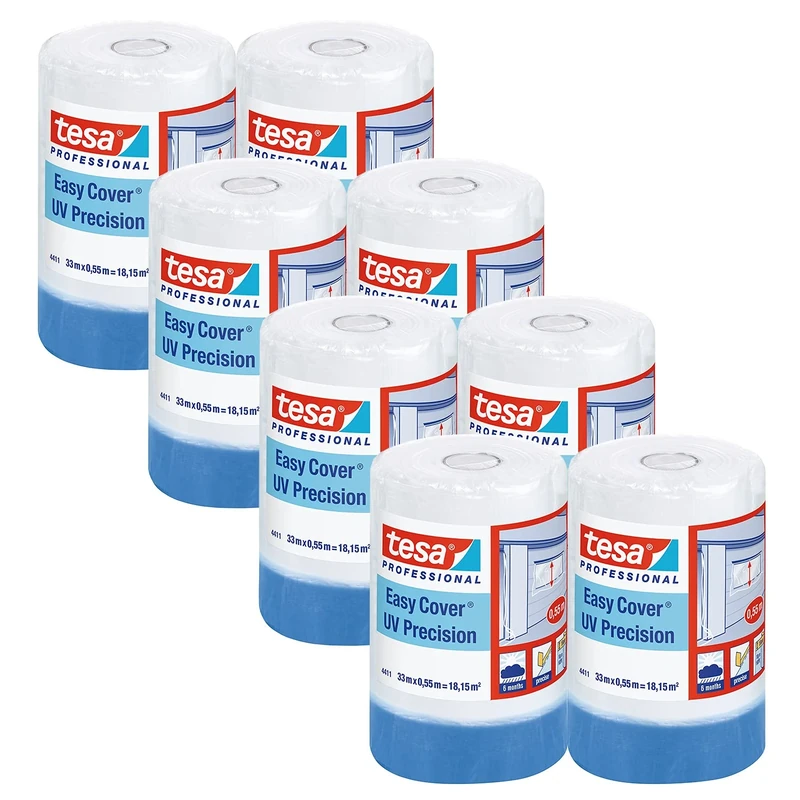 tesa Easy Cover 4411 UV Precision - Pack of 8 - Painter's Film with Masking Tape for Masking and Covering - 2-in-1 Painter's Tape with Film - White/Transparent - 33 m x 0.55 m