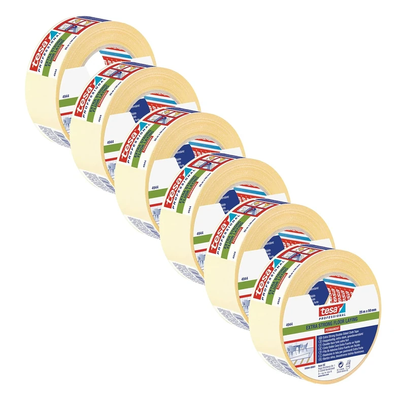 tesa fix 4944 Extra Strong Installation Tape - Pack of 6 - Installation Tape for Permanent Carpet Floor Adhesion to Rough Surfaces - Transparent Carpet Tape - Each 25 m x 5 cm