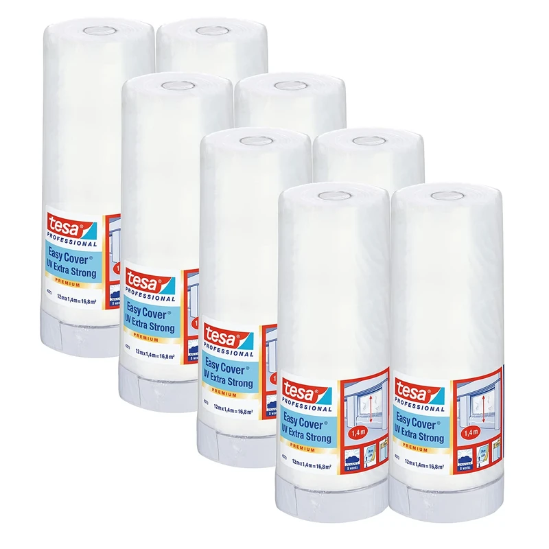 tesa Easy Cover 4373 UV Extra Strong Translucent Durable Painter's Film with Extra Robust Fabric Tape for Masking and Covering Outdoor Use Transparent Each 12 m x 1.4 m Pack of 8