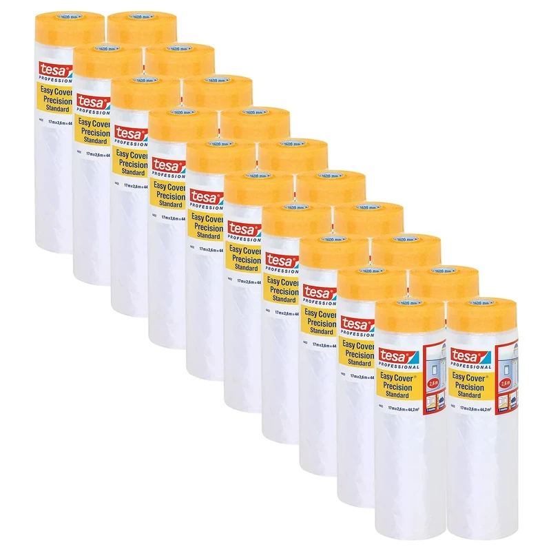tesa Easy Cover 4402 Precision Standard - Pack of 20 - Painter's Film with Painter's Tape for Masking and Covering - 2-in-1 Masking Tape with Film - Colourless - Each 17 m x 2.6 m