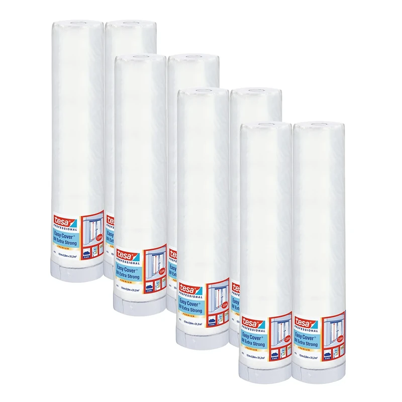 tesa Easy Cover 4373 UV Extra Strong Translucent Durable Painter's Film with Extra Robust Fabric Tape for Masking and Covering Outdoor Use Transparent Each 12 m x 2.6 m Pack of 8