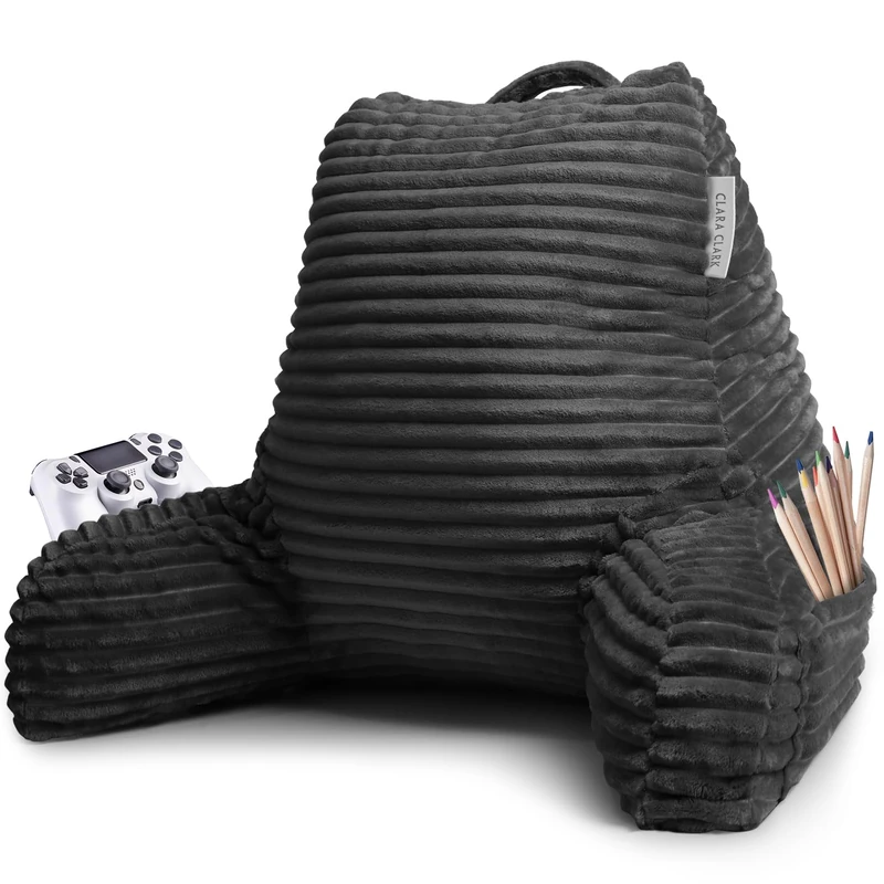 Clara Clark Cut Plush Striped Reading Pillow for Kids & Teens, Back Support Pillow, Shredded Memory Foam Bed Rest Pillow with Arms, Medium, Dark Grey - Image 1