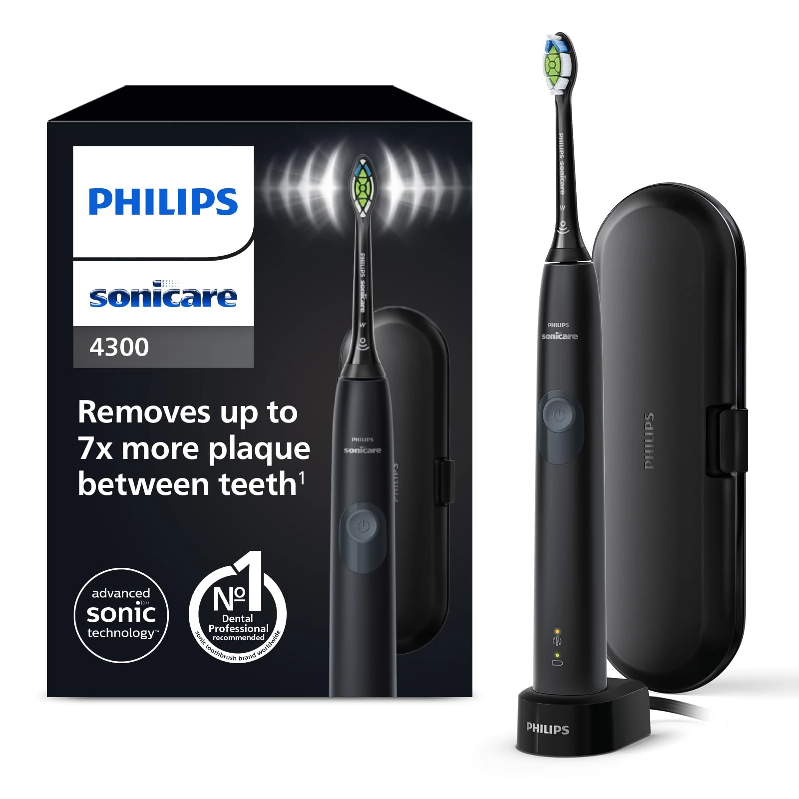 Philips Sonicare ProtectiveClean 4300 Electric Toothbrush, Sonic Toothbrush with Two Intensity Levels, Pressure Sensor and Timer, Black, Model HX6800/87