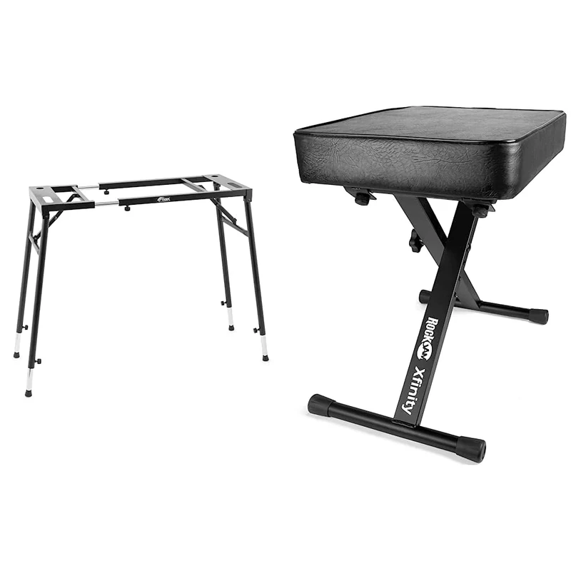 TIGER KYS21-BK Adjustable Platform Keyboard Stand Flat Top Stand for Keyboards and Mixers Black & RockJam RJKBB100 Premium Adjustable Padded Keyboard Bench or Digital Piano Stool