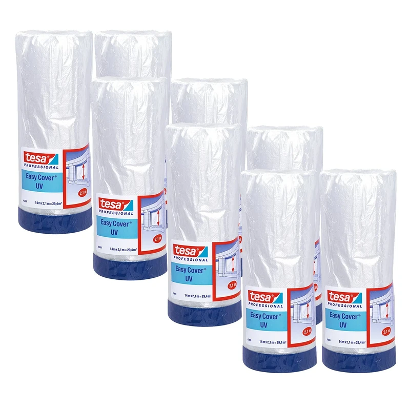 tesa Easy Cover 4369 UV - Pack of 8 - Painter's Film with Fabric Tape for Masking and Covering Outdoor Use - 2-in-1 Masking Tape with Film - Blue/Matte - 14 m x 2.1 m