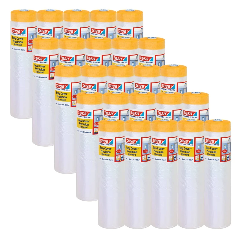tesa Easy Cover 4402 Precision Standard - Pack of 20 - Painter's Film with Painter's Tape for Masking and Covering - 2-in-1 Masking Tape with Film - Colourless - Each 33 m x 2.1 m - Image 1