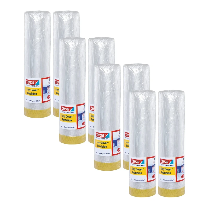 tesa Easy Cover 4365 Precision - Pack of 8 - Painter's Film with Painter's Tape for Masking and Covering during Painting - 2-in-1 Masking Tape with Film - Transparent - 33 m x 2.1 m Each