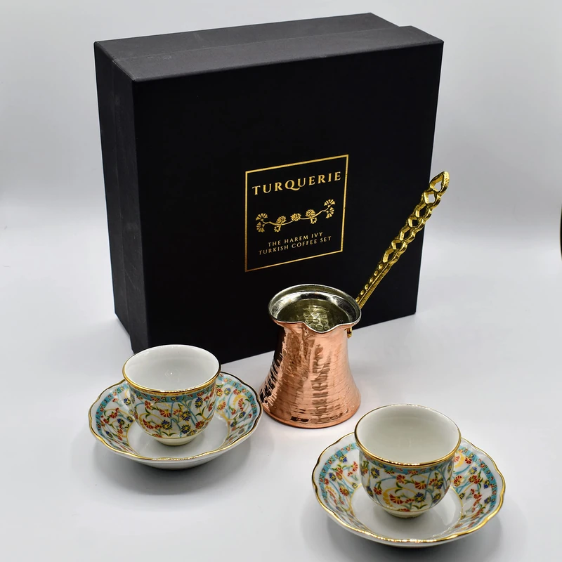 The Harem Ivy Porcelain Turkish Arabic Espresso Coffee Cups and Copper Coffee Pot Set