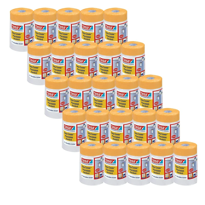 tesa Easy Cover 4402 Precision Standard Pack of 25 Painter's Film with Painter's Tape for Masking and Covering 2-in-1 Masking Tape with Film Colourless 33 m x 0.55 m Each