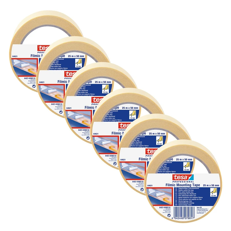 tesa fix 64621 Standard Moisture Resistant Double Adhesive Tape for Fixing and Fixing Transparent Adhesive Tape 25 m x 5 cm Each Pack of 6