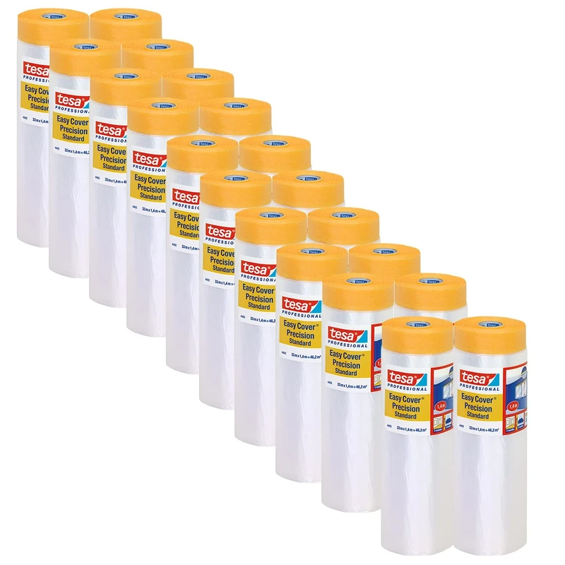 tesa Easy Cover 4402 Precision Standard - Pack of 20 - Painter's Film with Painter's Tape for Masking and Covering - 2-in-1 Masking Tape with Film - Colourless - Each 33 m x 1.4 m