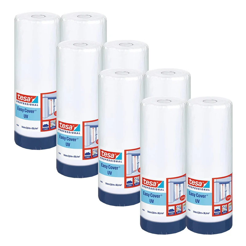 tesa Easy Cover 4369 UV - Pack of 8 - Painter's Film with Fabric Tape for Masking and Covering Outdoor Use - 2-in-1 Masking Tape with Film - Blue/Matte - 14 m x 2.6 m