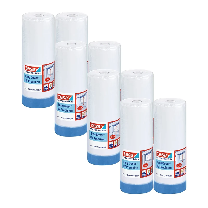 tesa Easy Cover 4411 UV Precision - Pack of 8 - Painter's Film with Masking Tape for Masking and Covering - 2-in-1 Painter's Tape with Film - White/Transparent - 33 m x 1.4 m