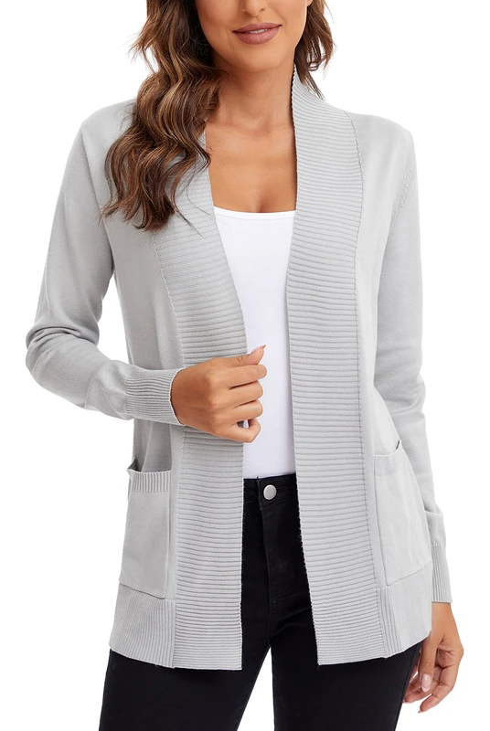 Urban CoCo Women's Open Front Knit Cardigan Casual Long Sleeve Pocket Sweater, Light Gray, Large