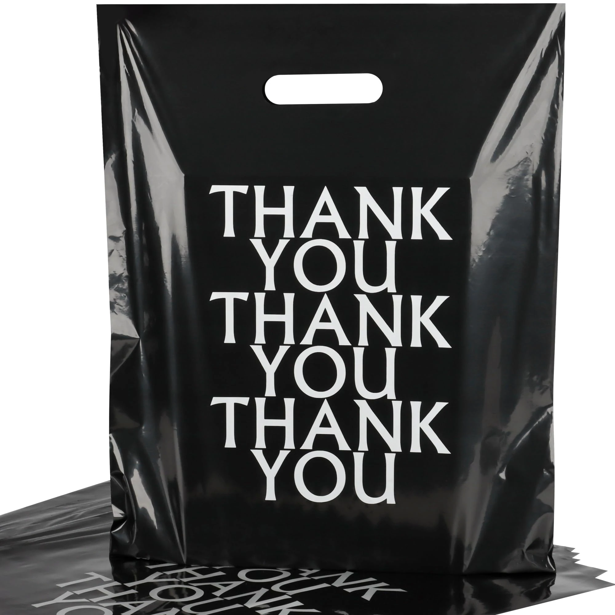 POPGIFTU 100 Pack Thank You Carrier Bags Black - 30x38cm Merchandise Retail Plastic Carrier Bags with Handles for Shopping, Gifts, Boutique, Stores, Business, Market Stall, Trade Shows, Wholesale