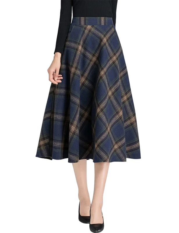 IDEALSANXUN Womens High Elastic Waist Maxi Skirt A-line Plaid Winter Warm Flare Long Skirt, Mid-Calf Navy, Medium