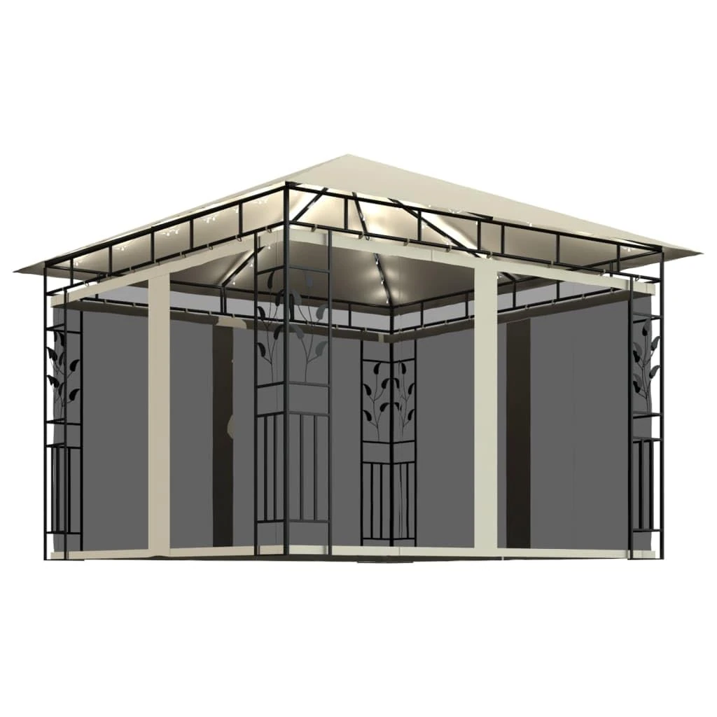 vidaXL Gazebo with Mosquito Net and LED String Lights Outdoor Pavilion Garden Gazebo Patio Marquee Party Sunshade Canopy 3x3x2.73 m 180 g/m?? Cream