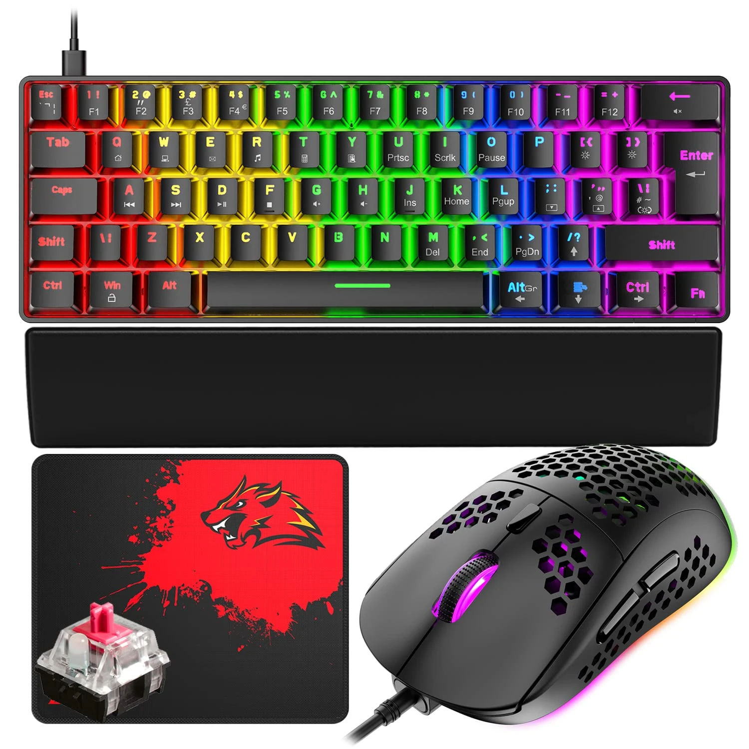 UK Layout 60% Mechanical Keyboard & RGB PC Gaming Mice & Wrist Rest Support & Mouse Pad, 19 Rainbow Backlit Mini 62 Keys Wired Gaming Keyboard and Mouse Set Ultralight For Laptop/MAC-Black/Red Switch