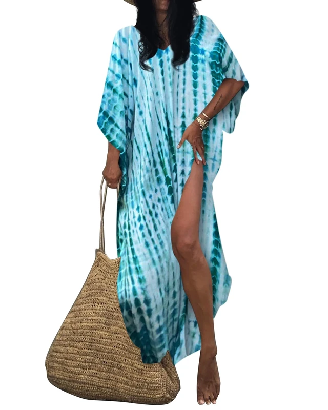 Bsubseach Women Beach Kaftan Dresses Stripe Print Plus Size Bathing Suit Cover Ups Caftan Loungewear Dress Blue Green