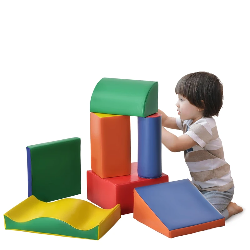 HOMCOM Soft Play Set, 7 Piece Soft Foam Blocks, Toddler Climb and Crawl Activity Play Set for 1-3 Years, Soft Play Equipment for Building and Stacking, Educational Play, Red