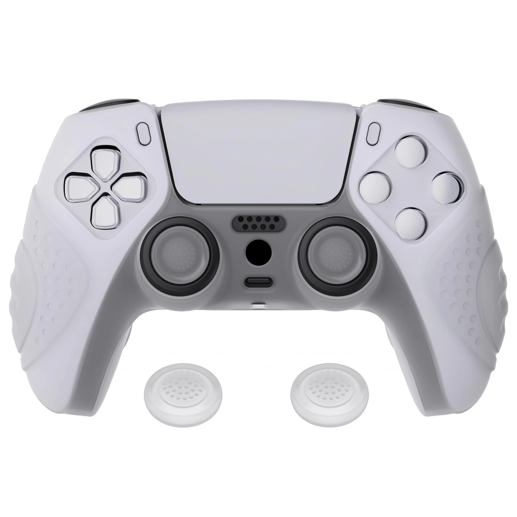 eXtremeRate PlayVital Guardian Edition Clear White Ergonomic Soft Anti-Slip Controller Silicone Case Cover for ps5, Rubber Protector Skins with Clear White Joystick Caps for ps5 Controller