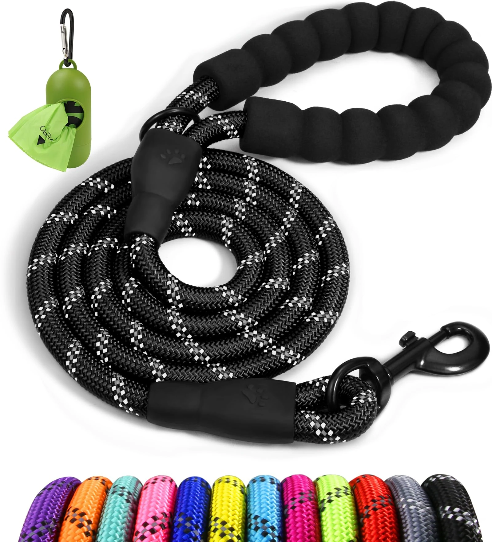 Taglory Rope Dog Lead with Soft Padded Handle, 1.5 m Reflective Lead and Multi-Colour for Small Dogs, 1.0 cm, Black