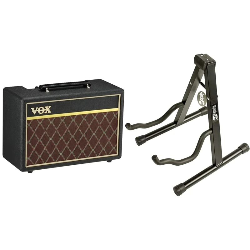 Vox - Pathfinder 10-10W Electric Guitar Combo Amplifier and RockJam Universal Portable A-frame Guitar Stand for Acoustic Guitar, Electric Guitar & Bass Guitar with Lessons
