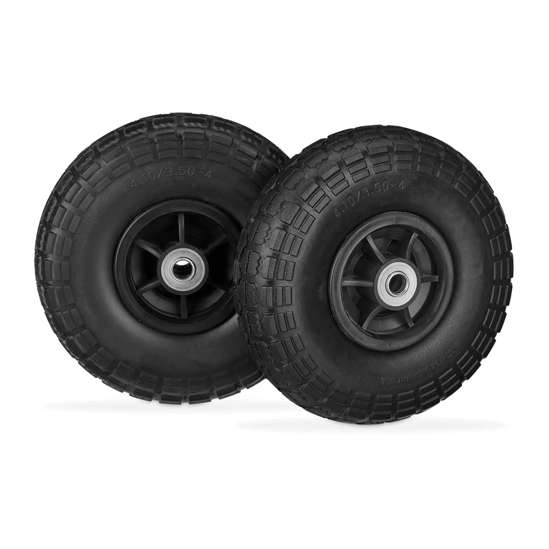 Relaxdays Set of 2 Wheelbarrow Tyres, Puncture-Proof Solid Rubber, 4.1/3.5-4", 16 mm Axle, Spare Wheel, Black