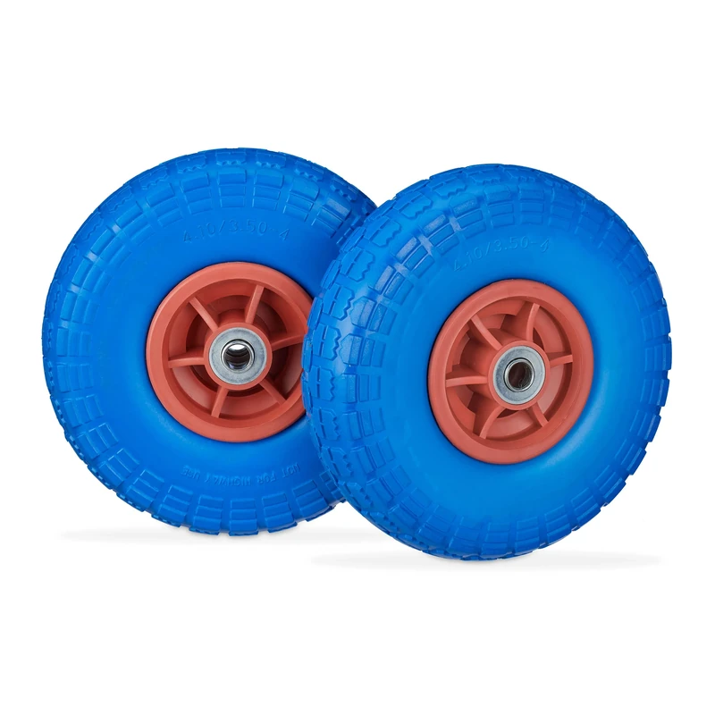 Relaxdays Set of 2 Wheelbarrow Tyres, Puncture-Proof Solid Rubber, 4.1/3.5-4", 16 mm Axle, Spare Wheel, Blue/Red