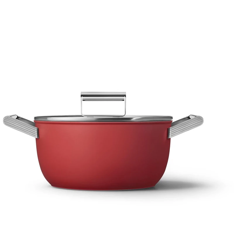 Smeg CKFC2411RDM Casserole Pan 24cm and Lid Red, Non-Stick, Aluminium, Patented Base