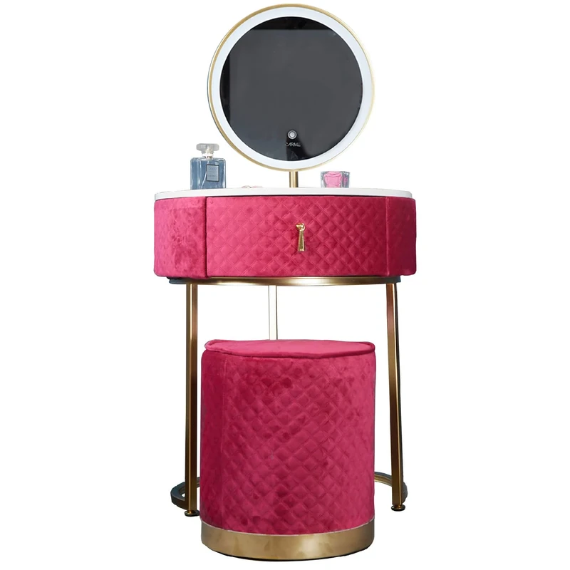 CARME Ibiza Bohemia Upholstered Quilted Velvet Dressing Table with Touch LED Mirror Lights 1 Drawer Stool Vanity Table Makeup Bedroom Furniture Modern Small Dresser Set (Ibiza Raspberry)