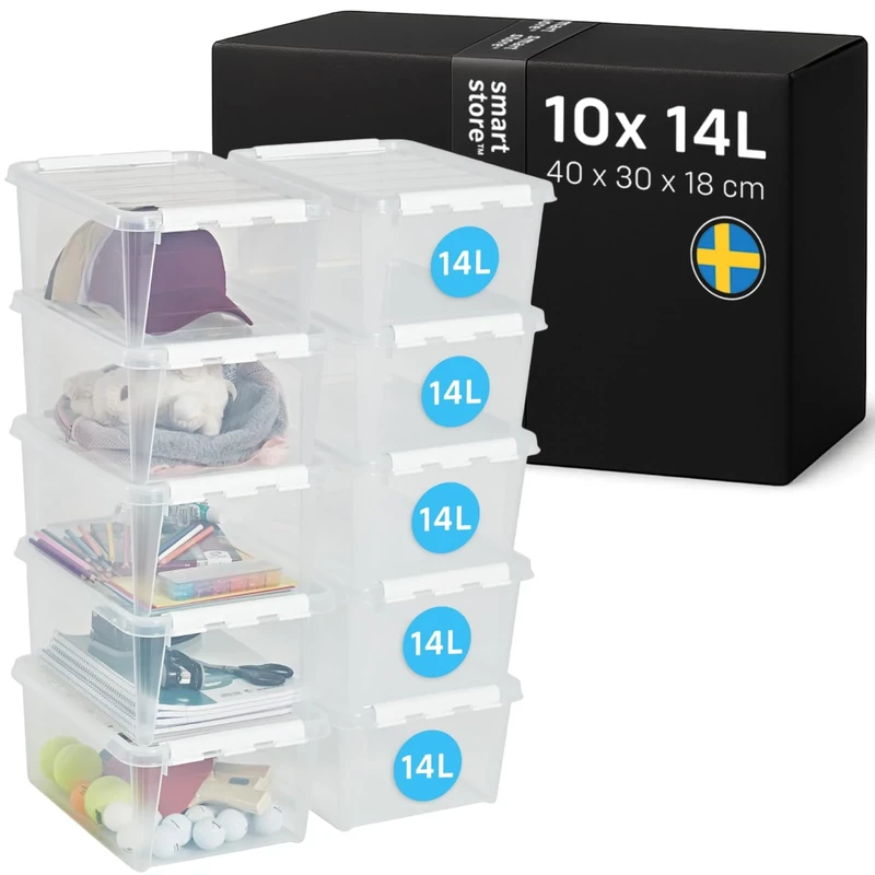 SmartStore - 10x Plastic Storage Box with Lid Classic 14L (40x30x18cm) |Plastic Storage Drawers with Lid|Food-Safe Material|Kitchen & Organisation|Durable Container for Home & Office|10-Year Warranty