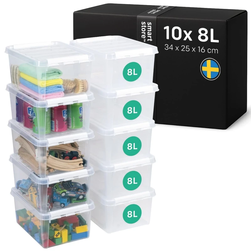 SmartStore - 10x Plastic Storage Box with Lid Classic 8L (34x25x16cm) |Plastic Storage Drawers with Lid|Food-Safe Material|Kitchen & Organisation|Durable Container for Home & Office|10-Year Warranty