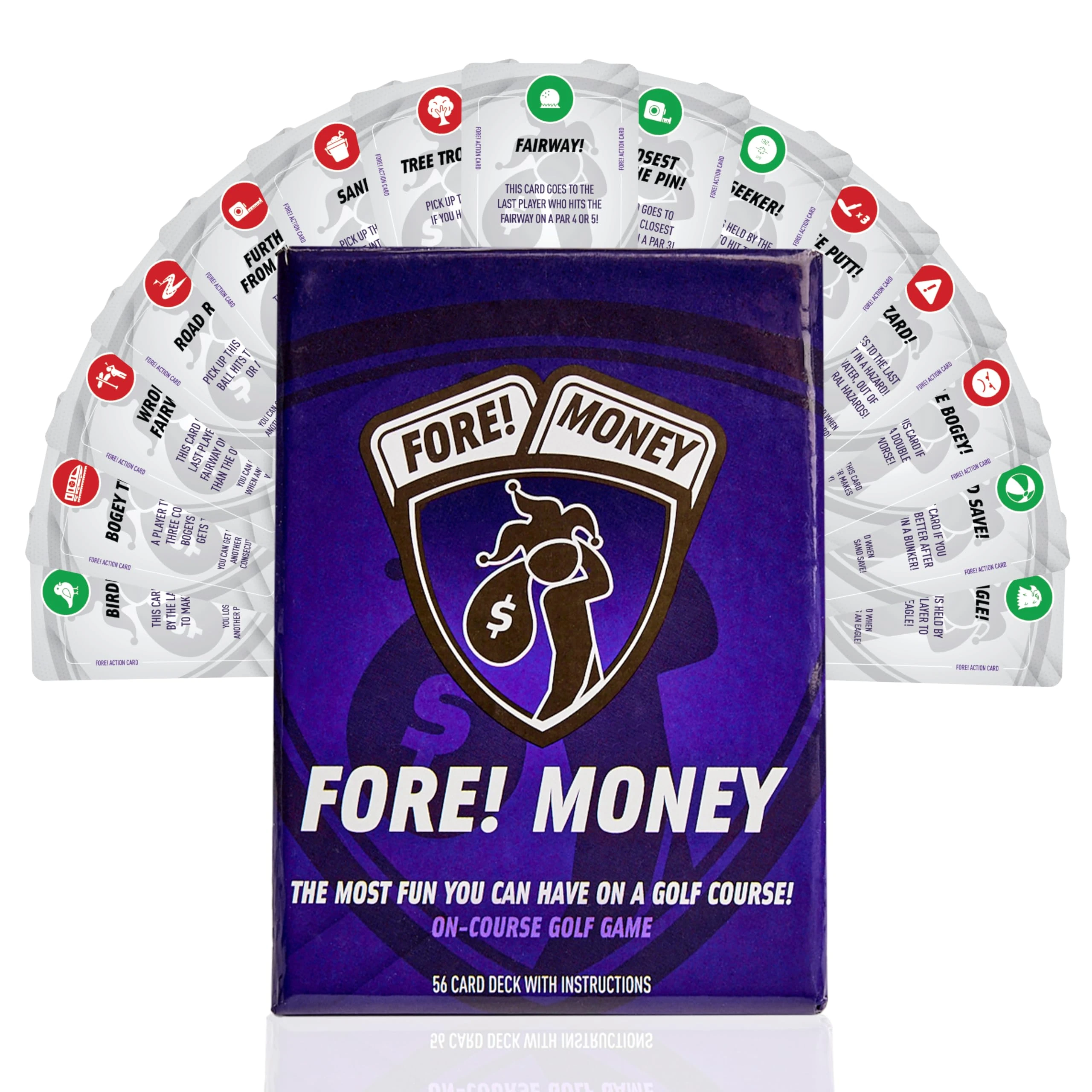Fore! Money On-Course Golf Card Game – On Course Golf Wagering Game with Unique Challenges – Golf Gift for Men & Women – Interactive On-Course Golf Card Game Pack – 56 Cards Included