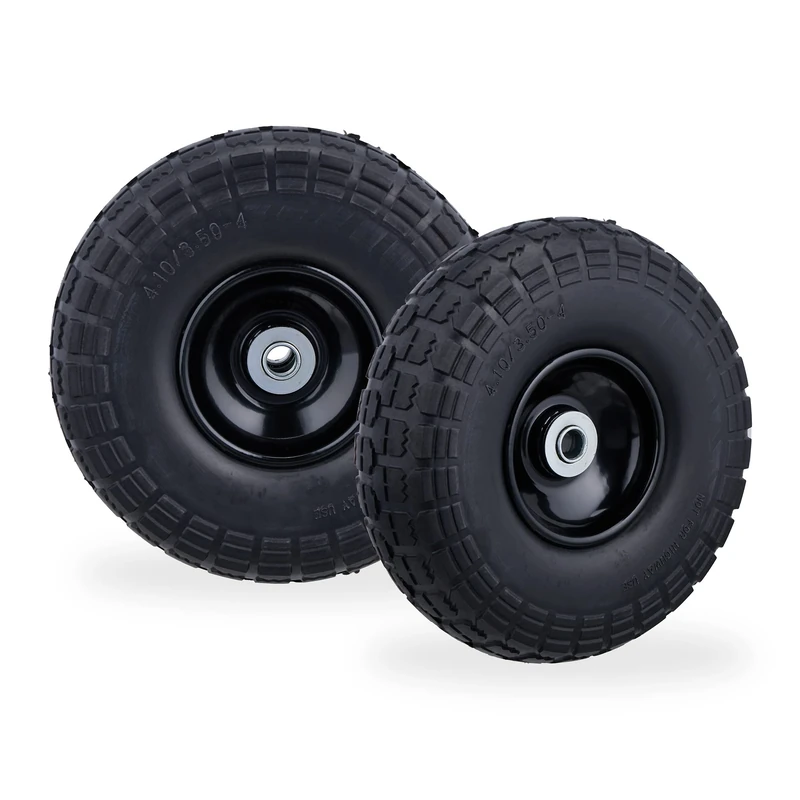 Relaxdays Set of 2 Wheelbarrow Tyres, Puncture-Proof Solid Rubber, 4.1/3.5-4", 16 mm Axle, Spare Wheel, Black