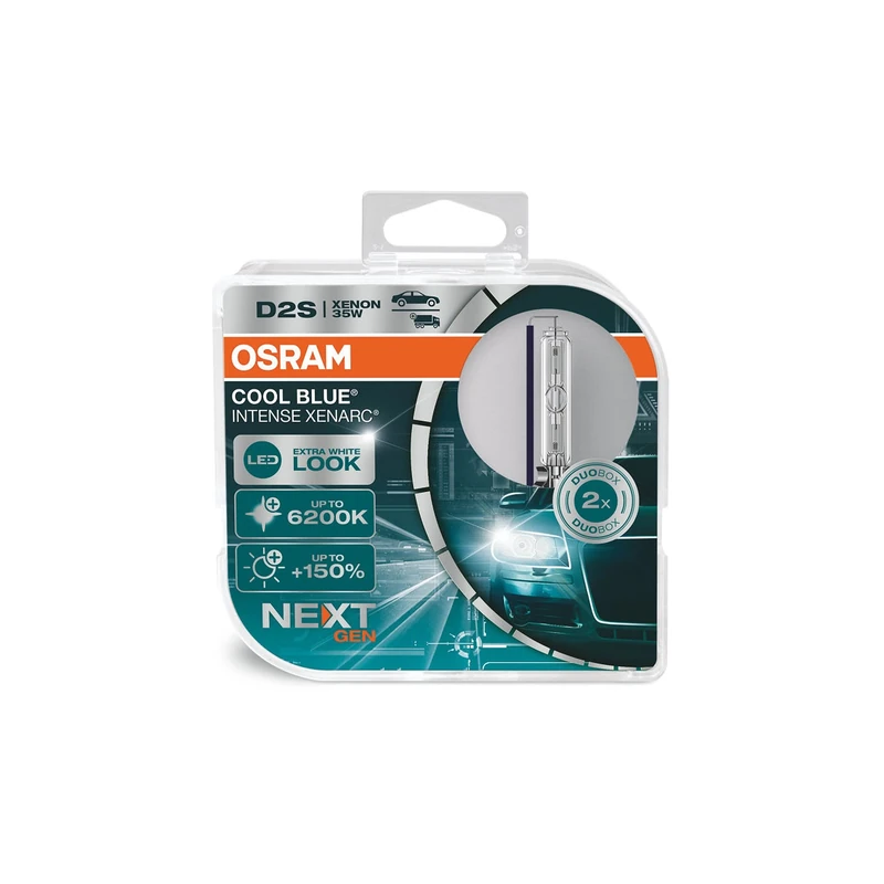 OSRAM XENARC COOL BLUE INTENSE D2S, +150% more brightness, up to 6,200K, xenon headlight lamp, LED look, duo box (2 lamps) 66240CBN-HCB