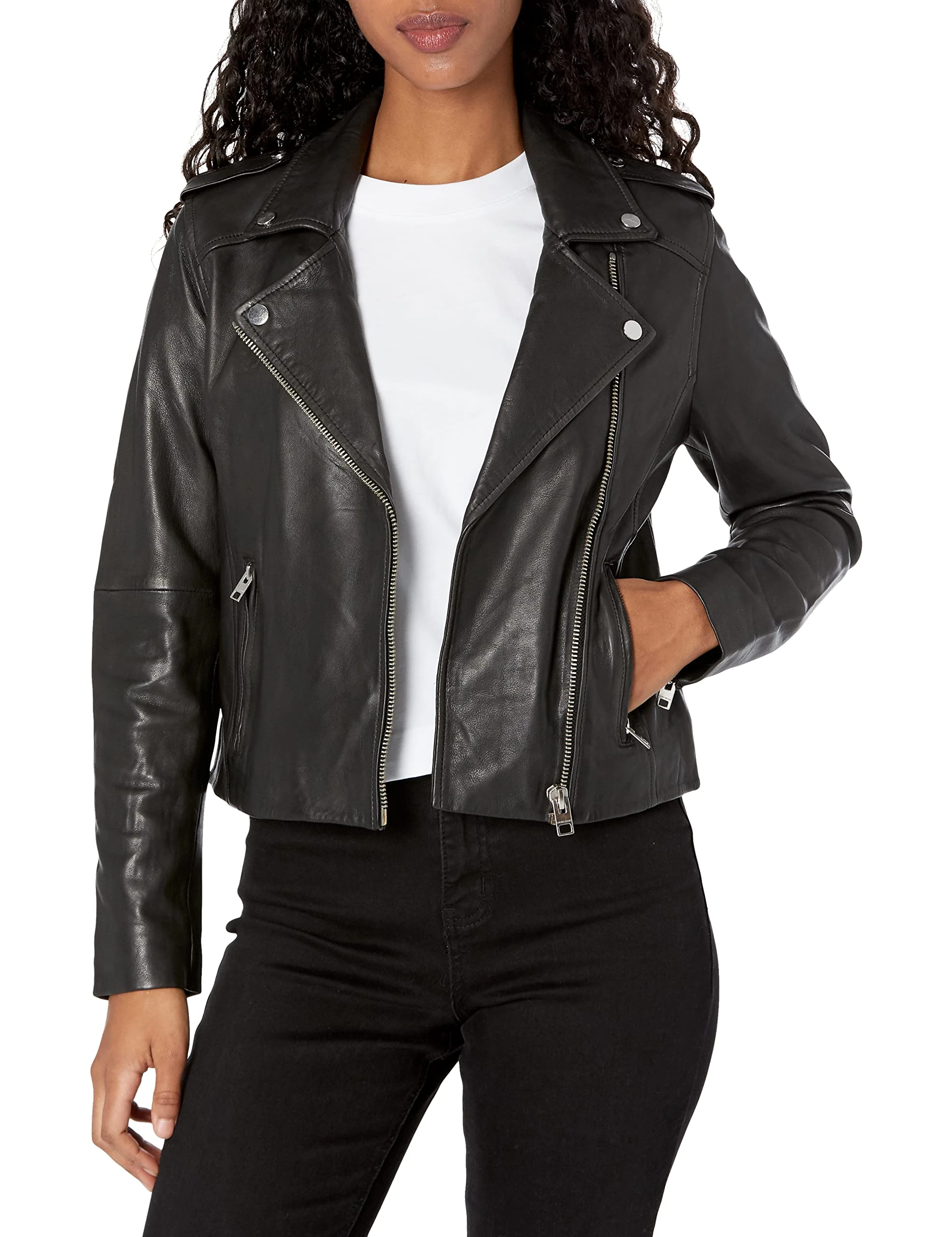 Lucky Brand Women's Classic Leather Moto Jacket, Washed Black, XS