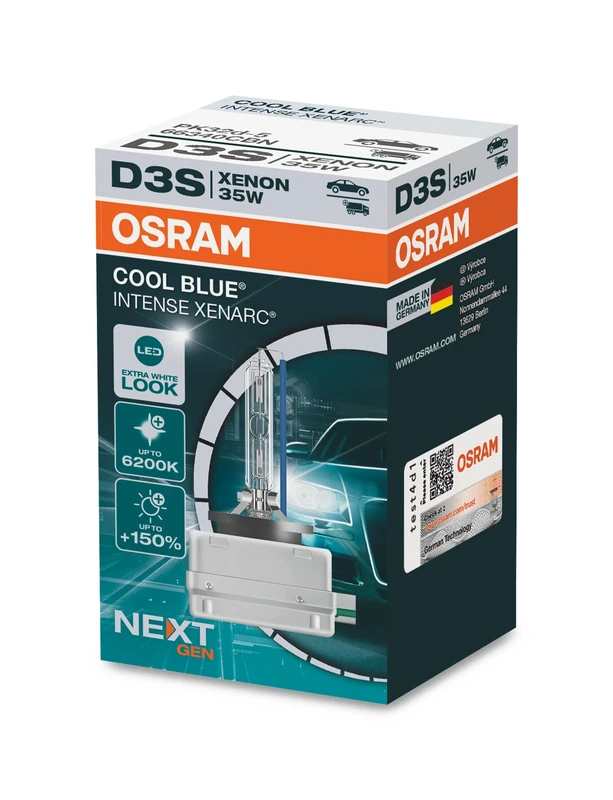 OSRAM XENARC COOL BLUE INTENSE D3S, +150% more brightness, up to 6,200K, xenon headlight lamp, LED look, folding box (1 lamp) 1 piece, 66340CBN