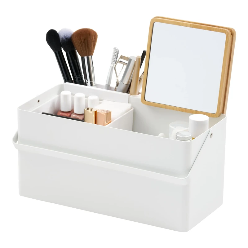 YAMAZAKI 5453 TOWER Makeup Box, white, Steel/Wood/Mirror/ABS Resin, Minimalist, 31 x 15 x 15.7 cm