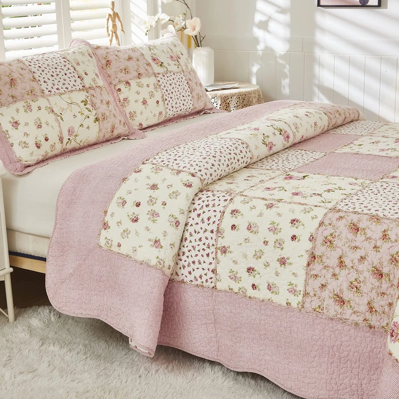 Brandream Pink Rose Floral Patchwork Quilts Cotton Queen Size Quilted Comforter Set Rustic Country Coverlet Bedspread Set 3-Piece