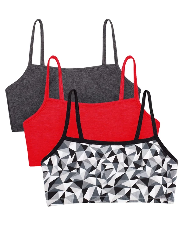 Fruit of The Loom Womens 3 Pr Spaghetti Sportsbra Sports Bra, Kaleidoscope/Charcoal/Red Hot, 38